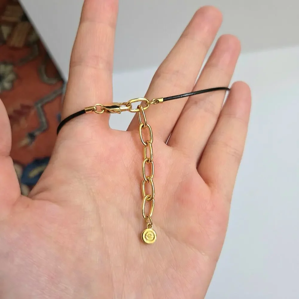 NIB Ettika Pavé Polished Pebble Leather Cord Pendant Necklace 18K Gold Plated